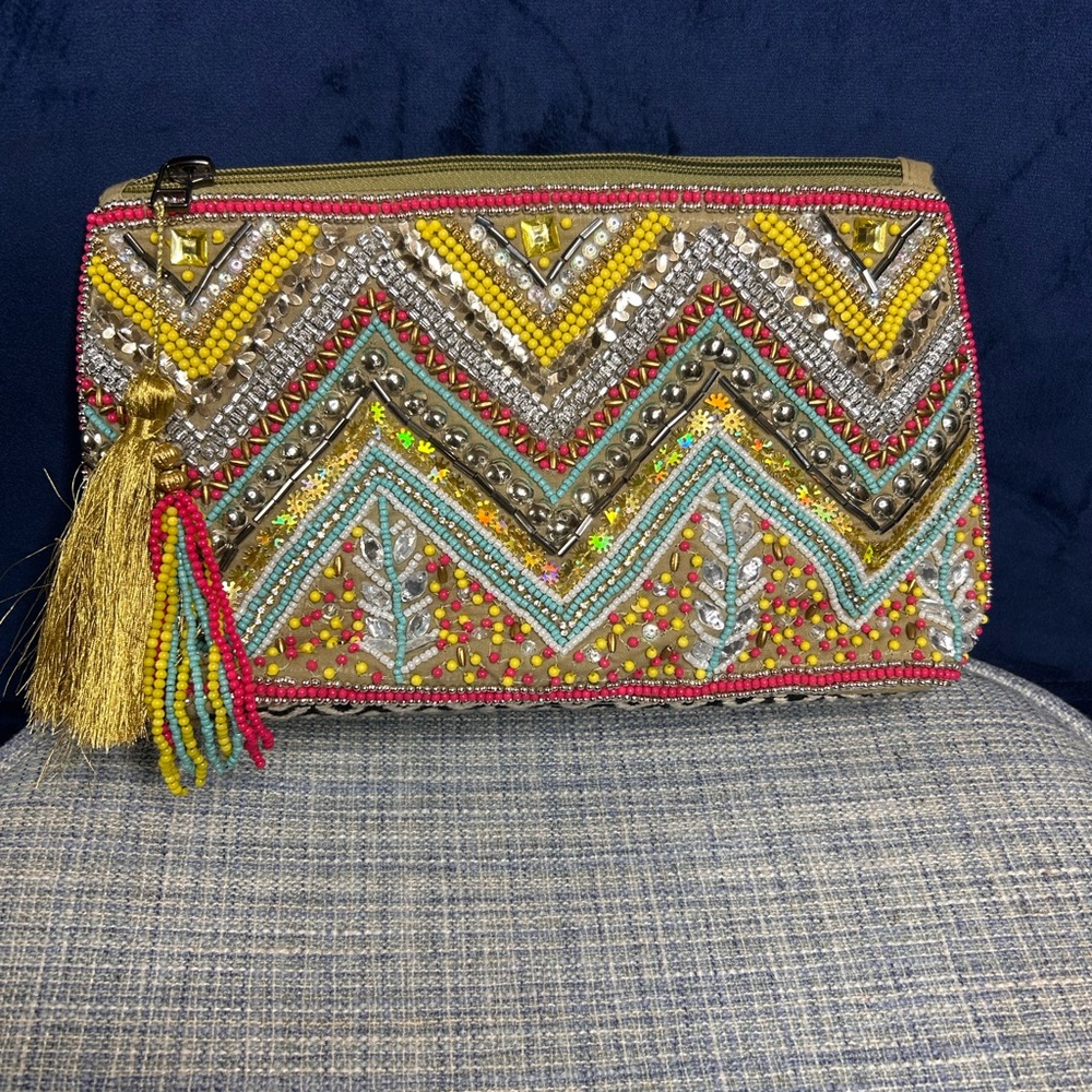 Multicolor Beaded Clutch with Tassel